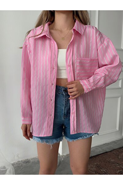 Femistik Kadın Oversize Tek Cepli Pudra Gömlek