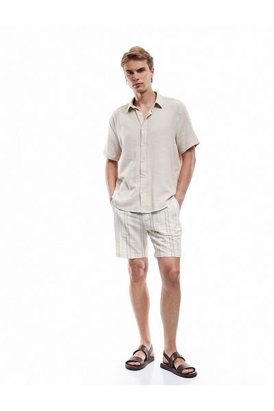 Koton Regular Fit Textured Classic Collar Cotton Viscose Blend Short Sleeve Shirt