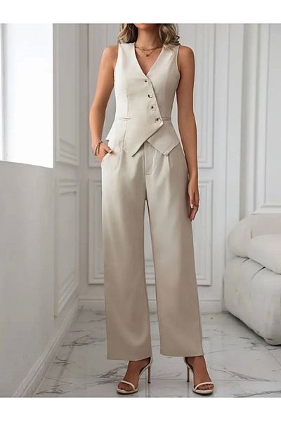 moda wanilia Women's Zero Sleeve Cross V-Neck Front Buttoned Atlas Vest and Trousers Double Set
