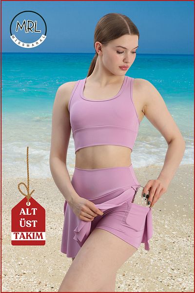 missmaral Women's Bottom-Top Set Shorts & Fixed Pad Top Crop Swimsuit in the Sea Pool Sports Lilac Color Suit3107
