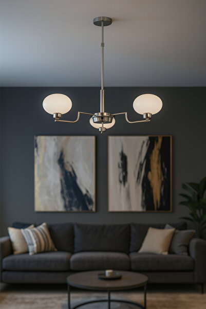 Avizemoda Vanna 3 lü Beyaz Camlı Salon Oturma Odası Modern Sarkıt Avize - (Kr...