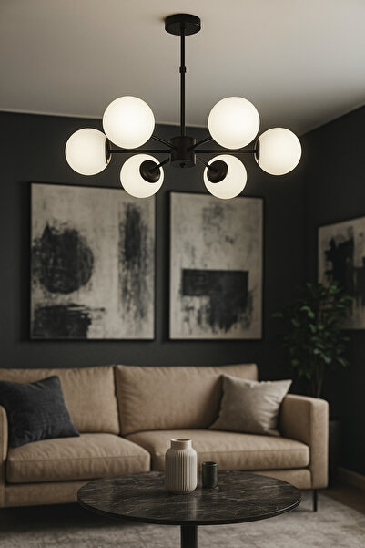 Avizemoda Miya 6 lı Beyaz Camlı Salon Oturma Odası Modern Sarkıt Avize - (Siyah)