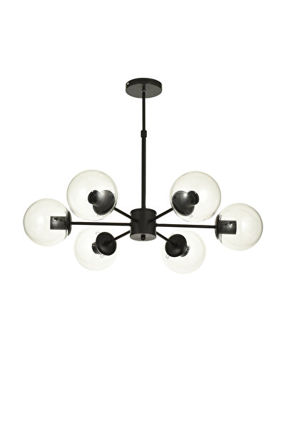 Avizemoda Miya 6 lı Şeffaf Camlı Salon Oturma Odası Modern Sarkıt Avize - (Siyah)