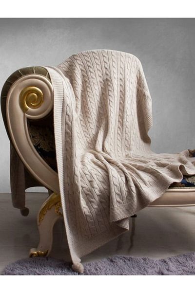 YGT Home Beige Tulip 10 Pompom Knitwear Tv Blanket - 130X170 Knee Blanket Sofa Shawl Decor
