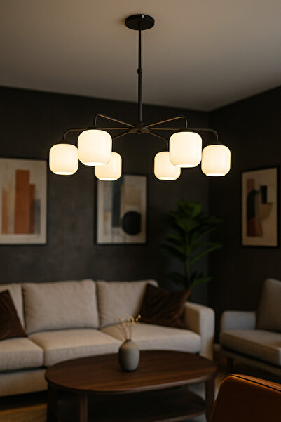 Avizemoda Siena 6 lı Beyaz Camlı Salon Oturma Odası Modern Sarkıt Avize - (Siyah)