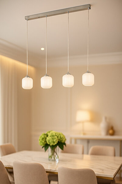 Avizemoda Siena 4 lü Yemek Masası Üstü Beyaz Camlı Modern Sarkıt Avize - (Kro...