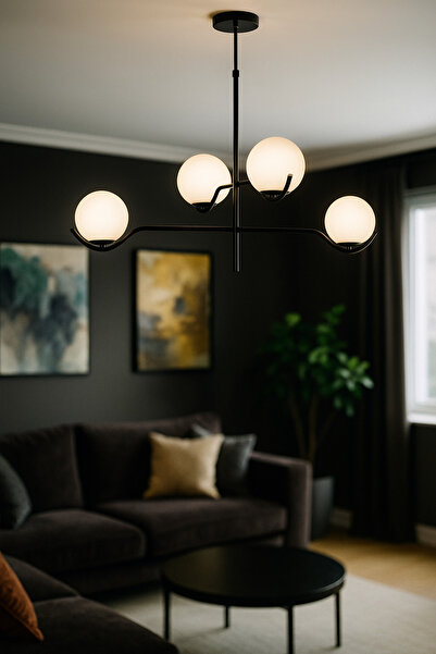 Avizemoda Ranya 4 lü Beyaz Camlı Salon Oturma Odası Modern Kollu Avize - (Siyah)