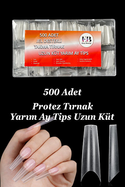 Easy Beauty Protez Tırnak 500 Adet Jel Destekli Uzun Küt Yarım Ay Tips Özel S...
