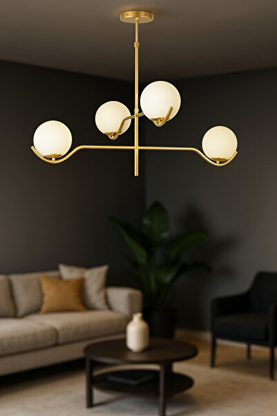 Avizemoda Ranya 4 lü Beyaz Camlı Salon Oturma Odası Modern Kollu Avize - (Gol...