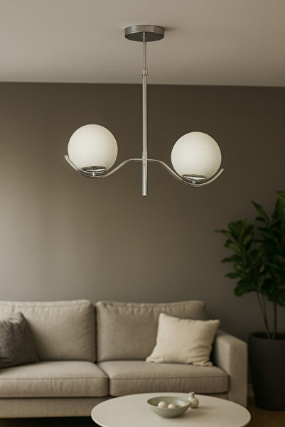 Avizemoda Ranya 2 li Beyaz Camlı Salon Oturma Odası Modern Avize - (Krom Kapl...