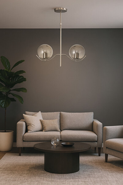 Avizemoda Ranya 2 li Füme Camlı Salon Oturma Odası Modern Avize - (Krom Kaplama)