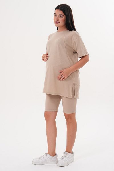 BIG LESSON Maternity Stretchy Cotton Adjustable Waist Leggings Shorts Set