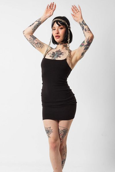 Bak Moda Rochie Neagra Mini din Bumbac Pieptanat - Bretele Subtiri