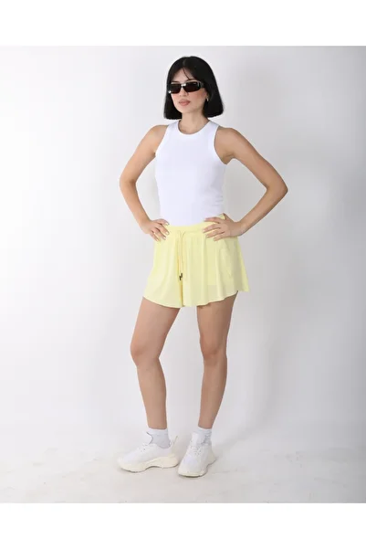 deqfashion Women's Yellow Loose Cut Double Layer Sports Shorts
