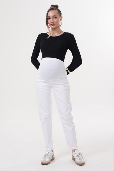 BIG LESSON Maternity Stretchy Tummy Band Waist Adjustable Mom Fit Jeans Pants White