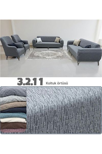uzhanem Flexible Jacquard Cotton Sofa Cover Set - 3 2 1 1 Jacquard (Grey)