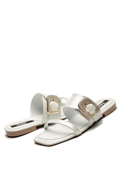 Dedos Women's Leather Sole Stone Buckle Slippers White 13005
