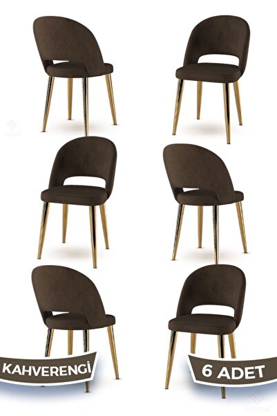 Canisa Pane Serisi 6 Adet Kahve Mutfak Sandalyesi Gold Kaplama Metal Ayak 1. Sınıf Babyface Kumaş