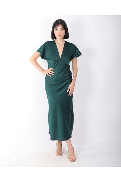 DEQ FASHION Women's Emerald Green Satin V-Neck Midi Length Dress