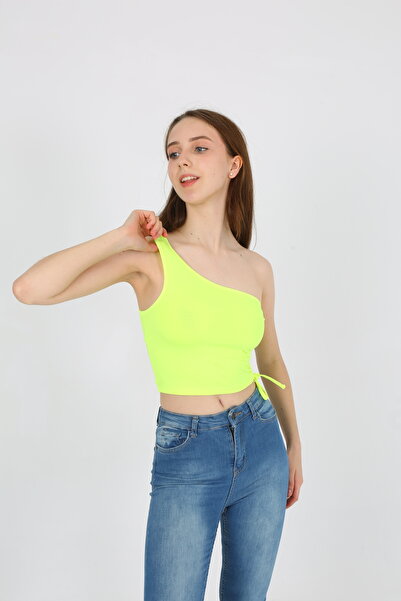 EDSA Sarı Yanı Büzgü Detaylı Tek Omuz Kadın Crop Atlet