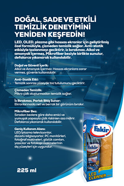 Fakir LCD Ekran Temizleyici Set 225 ml – Mikrofiber Bezli, Alkol ve Amonyak İçermez