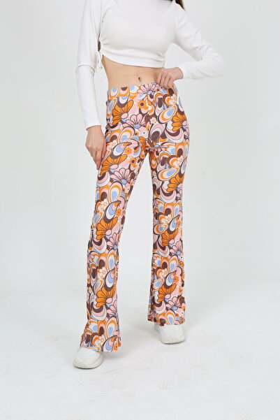 EDSA Çiçek Desenli Bedeni Saran Ispanyol Paça Pantolon