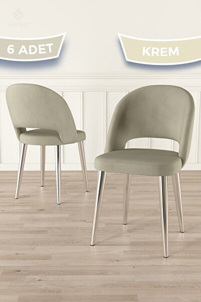 Canisa Pane Serisi 6 Adet Krem Mutfak Sandalyesi Krom Kaplama Metal Ayak 1. Sınıf Babyface Kumaş