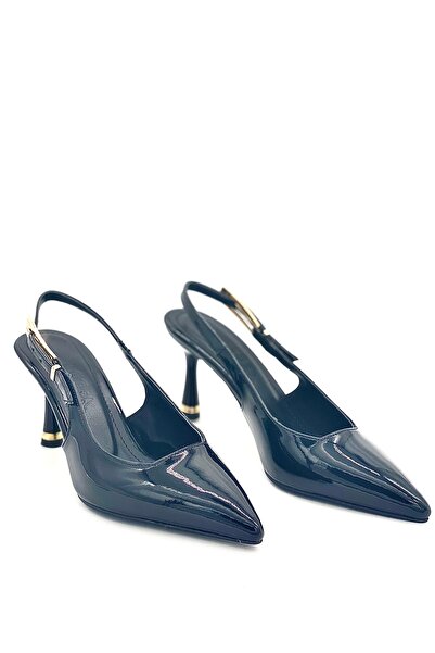 palatti shoes Kadın Rugan Topuklu Ayakkabı Sivri Burun Arkası Açık Toka Detay...