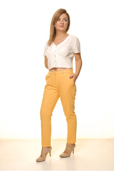 sharin Women's Mustard Yellow Seasonal High Waist Fabric Trousers 16D-4059