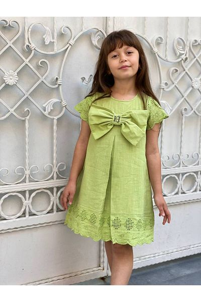 HÇ Hülya Çelik KİDSWEAR 2018 Girl's Green Cotton Linen Dress