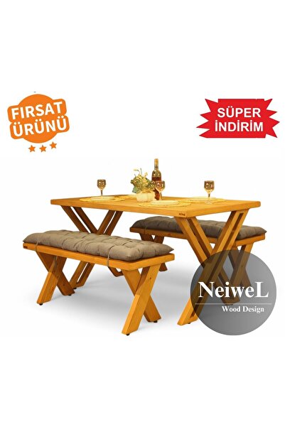 Neiwel Garden Sean Doğal Ahşap Banklı Bahçe Yemek  Masası Takımı-80-120 Takım