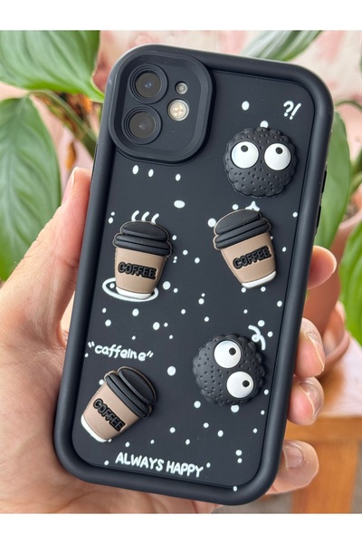 Fibaks iPhone 12 Compatible Case Designed Patterned Camera Protection Coffee Cookie Black Soft Silicone Cover