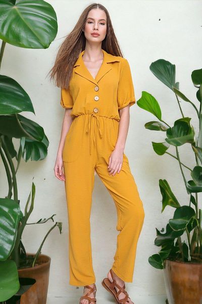 NEW LAVİVA Women's Mustard Jacket Collar Elastic Waist Jumpsuit - 700-2622