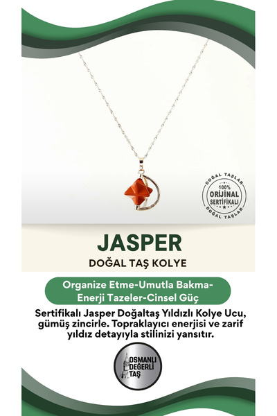 OSMANLI DEĞERLİ TAŞ Sertifikalı Jasper Doğaltaş Yıldızlı Kolye Ucu, Gümüş Zin...
