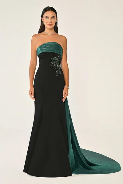 ALFABETA Strapless Top with Stones Detail Sweep Train Crepe Long Dress