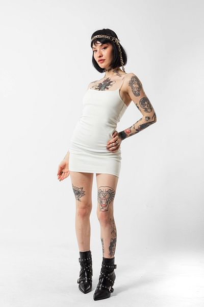 Bak Moda Ecru Mini Combed Cotton Dress - Thin Straps