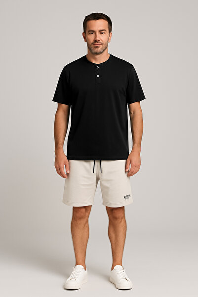 Cottonland Erkek Henley Rahat Kesim Düğmeli Kısa Kollu Pamuk T-shirt Siyah