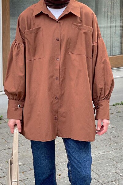 lamelif Oversize Shirt with Sleeve Tie Detail Bitter Brown