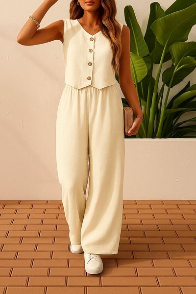 Trendseninle Cream Buttoned Vest and Woven Milano Fabric Trousers Suit