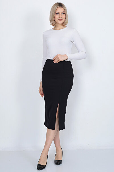 COUPEST تنورة قلم رصاص نسائية سوداء شق قماش مجدّل متوسطة الطول