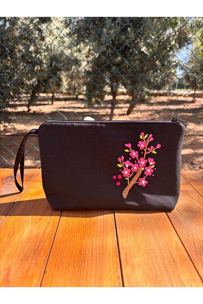 Handream Floral Spring Branches Black Linen Multi-Purpose/Makeup/Hand Bag