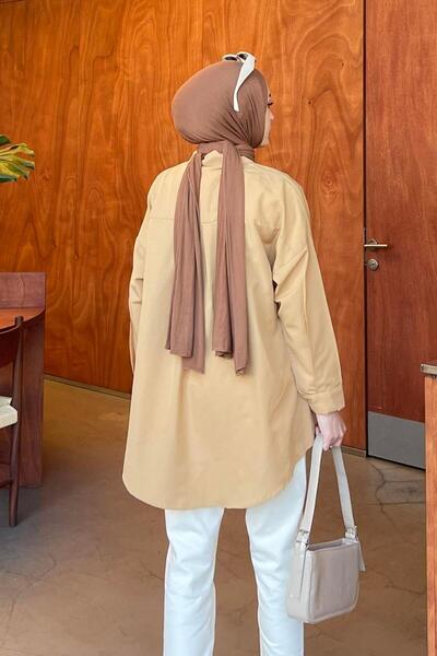 lamelif Milk Brown Color Oversize Shirt - Single Pocket Detail