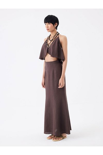 RİVUS Zipper Closure Maxi Linen Skirt - Brown