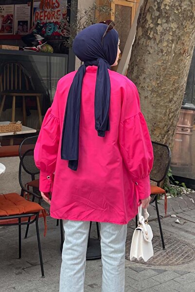 lamelif Φούξια Oversize Πουκάμισο - Λεπτομέρεια με Δαντέλα Μανίκια