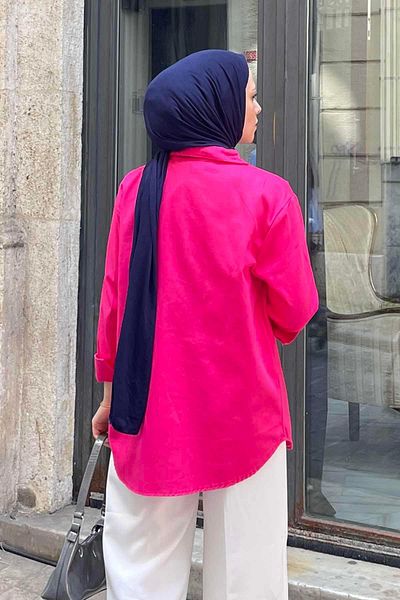 lamelif Cămașă din Gabardină Fuchsia - Detaliată cu un singur buzunar