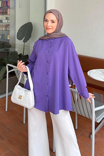 lamelif Cămașă oversize violet - Detaliu cu un singur buzunar