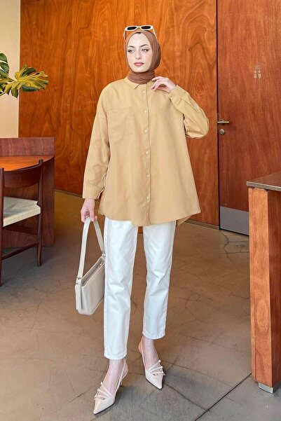 lamelif Milk Brown Color Oversize Shirt - Single Pocket Detail