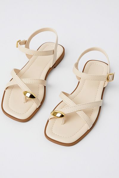 StWenn Cream Maria Women's Gold Ring Detailed Daily Sandals