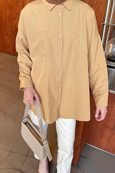lamelif Milk Brown Color Oversize Shirt - Single Pocket Detail