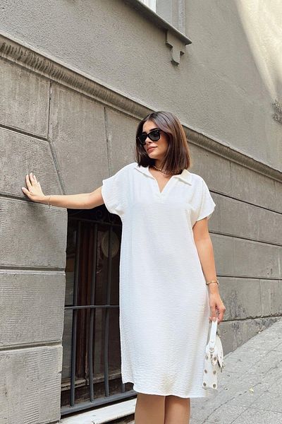 NEW LAVİVA Women's Ecru Midi Length Polo Neck Aerobin Dress - 700-2883